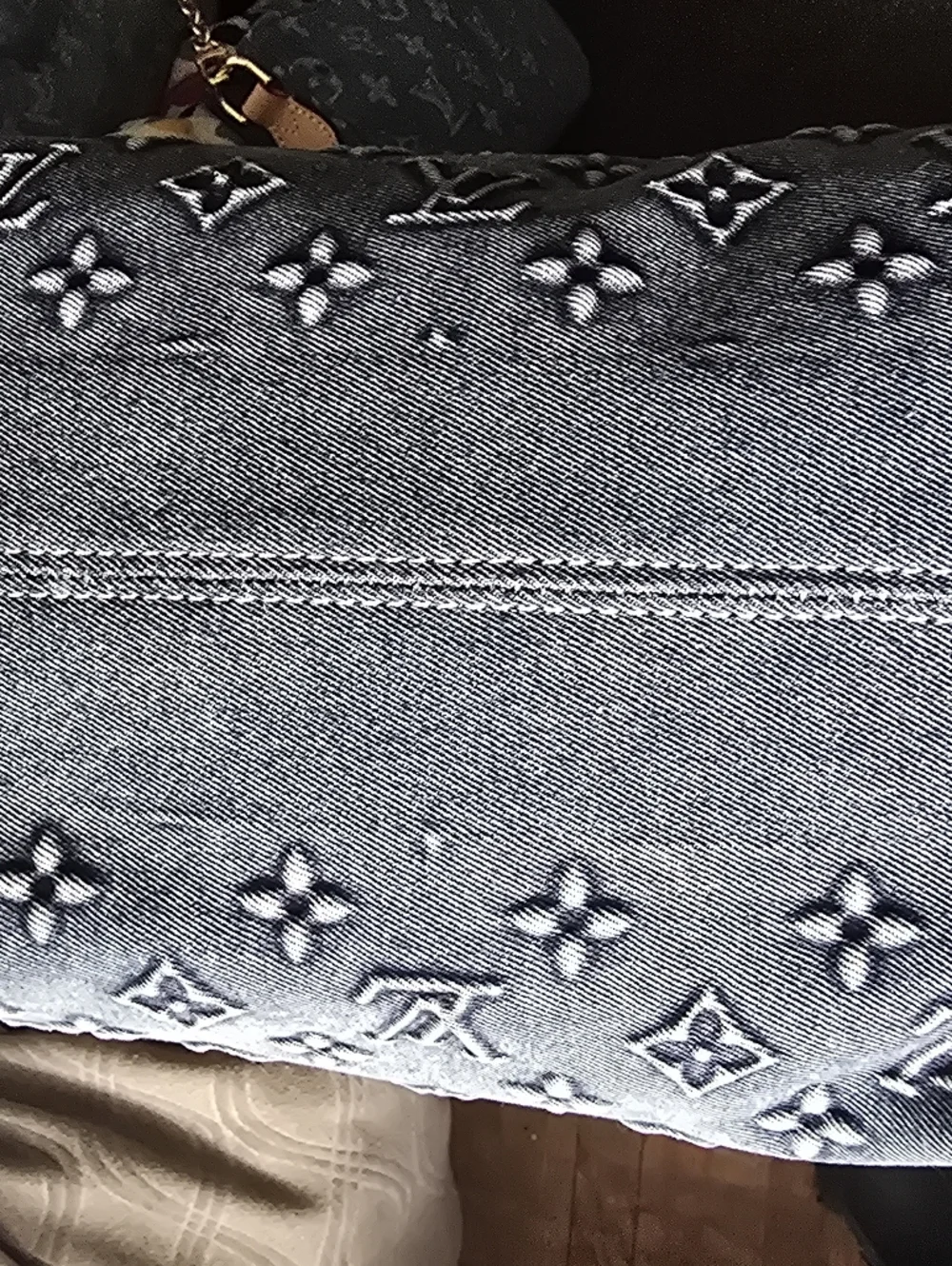 Cotton Denim Deluxe Monogram 30 Pillow Large Tote with Light Blue Leather Trim - Picture 8 of 16
